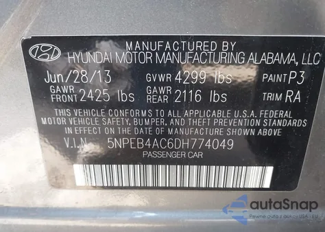 2013 Hyundai Sonata Gls из США, поврежденный, VIN 5NPEB4AC6DH774049